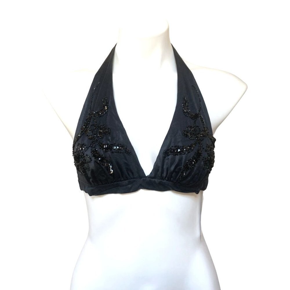 Vintage 70s Sequin Halter Bikini Swim Top Black Size 10 / SMALL